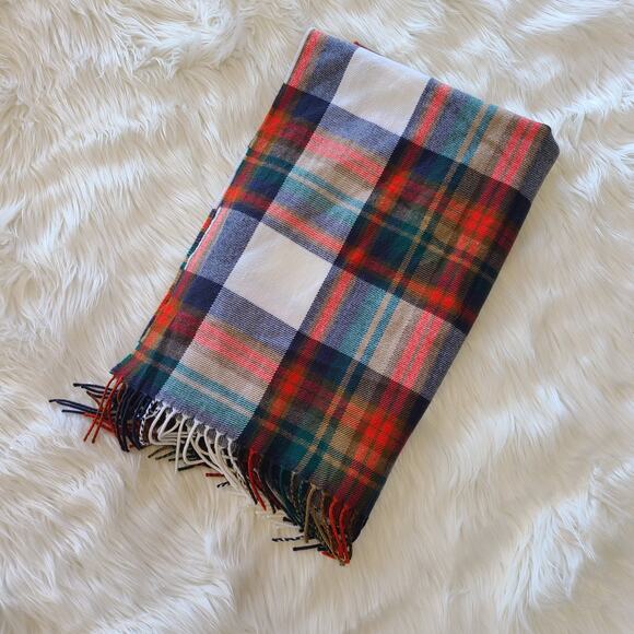 J. Crew Factory Classic Fringe Tartan Plaid Wide Long Scarf White Red Green EUC - Picture 1 of 3